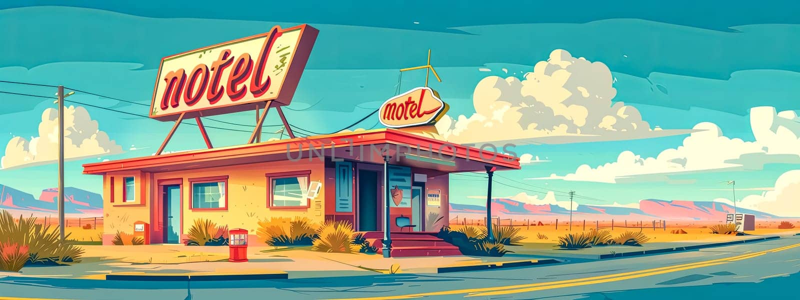 Retro vintage desert motel panoramic illustration with vibrant sunny sky and empty road. Showcasing nostalgic americana hospitality and neon signage in a quaint mid-century rural landscape