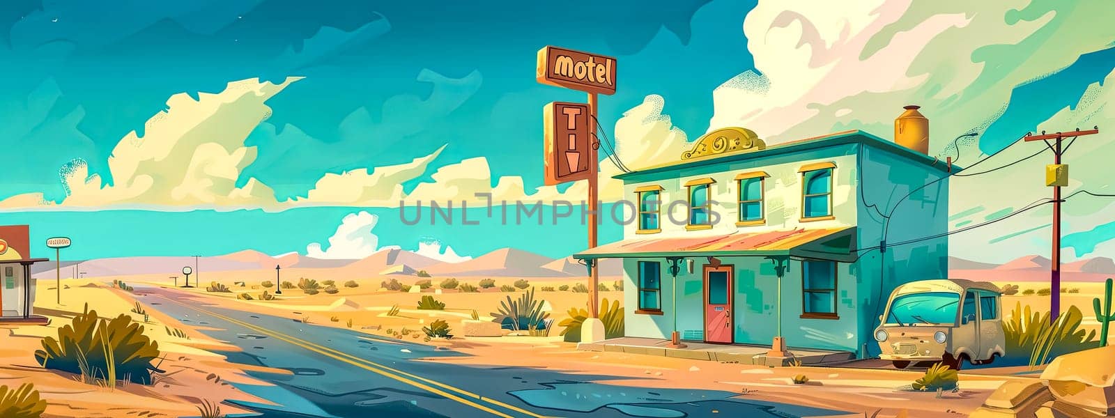 Illustration of a nostalgic motel in a barren desert landscape with a vintage car