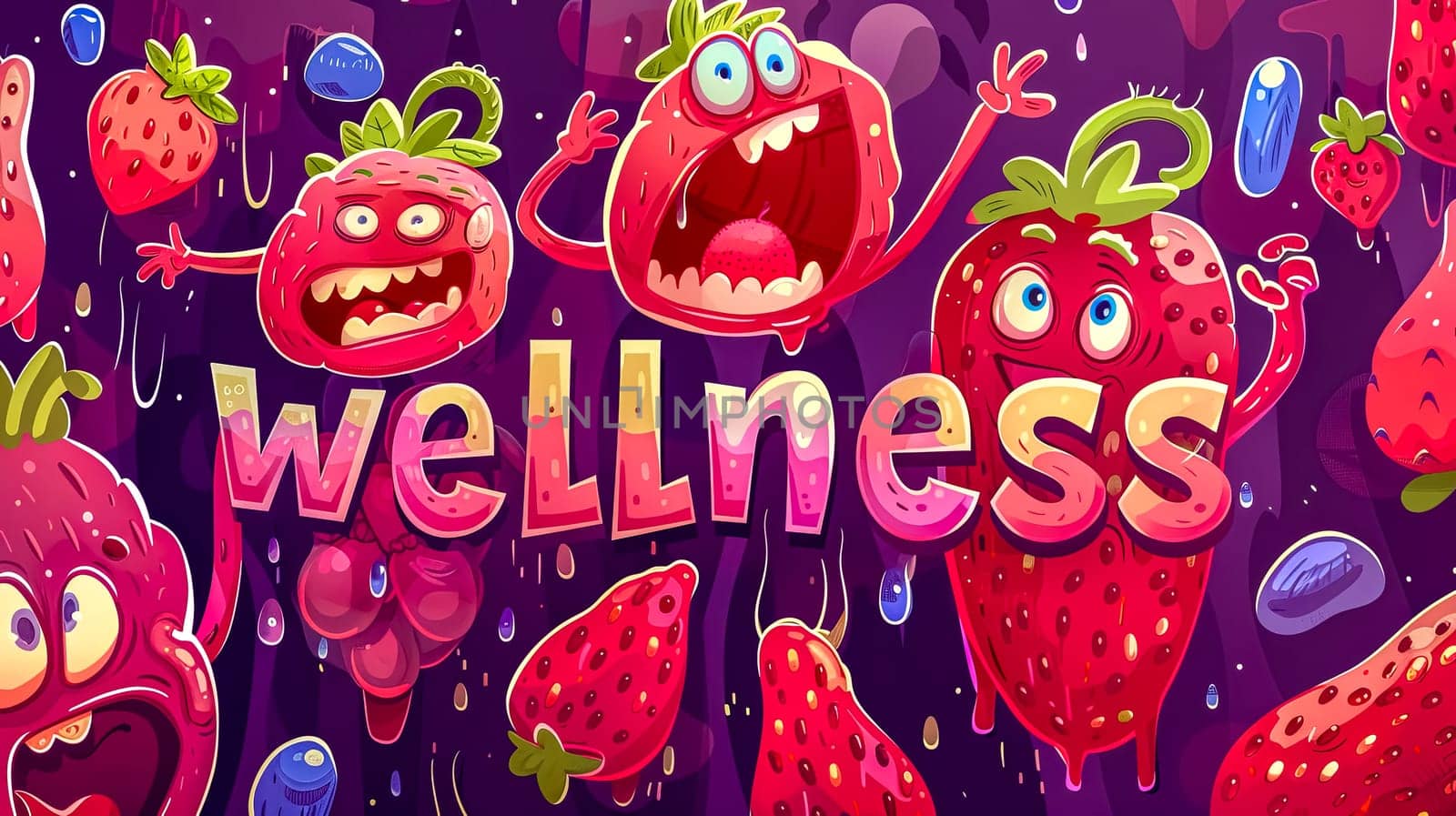 Colorful illustration featuring animated strawberries around a wellness sign