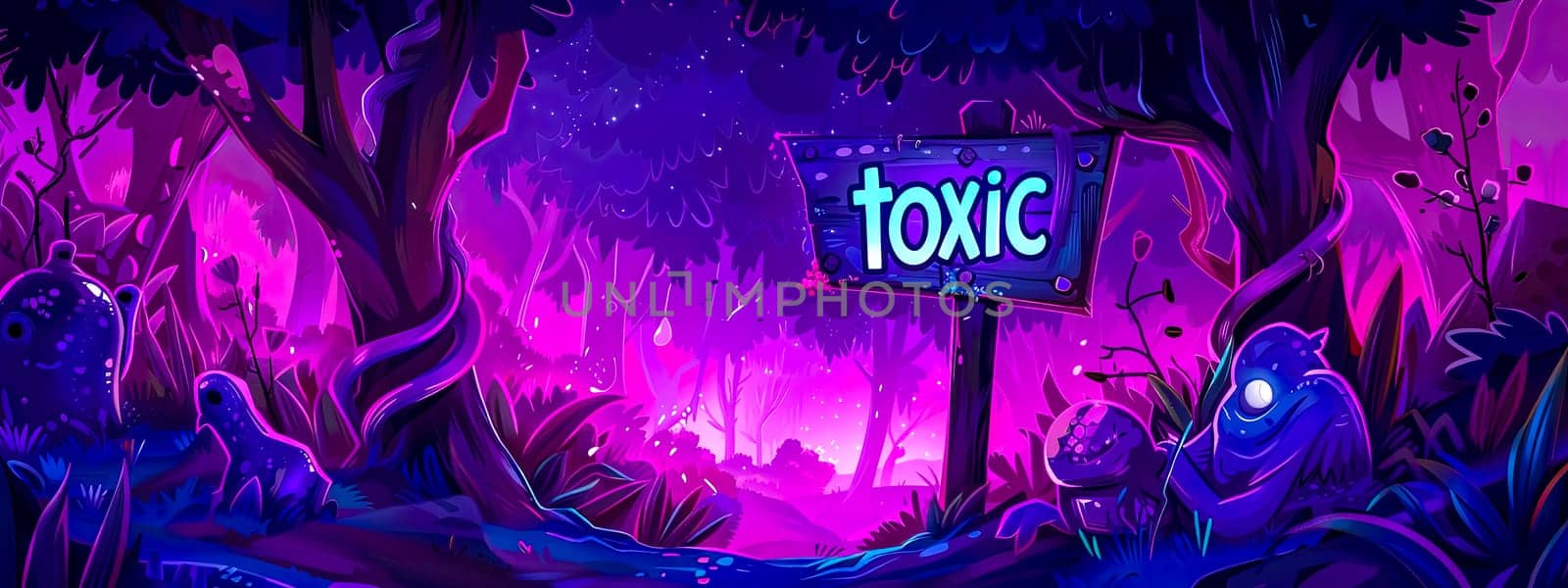 Vibrant illustration of a mystical forest with a toxic sign, under a starry night sky