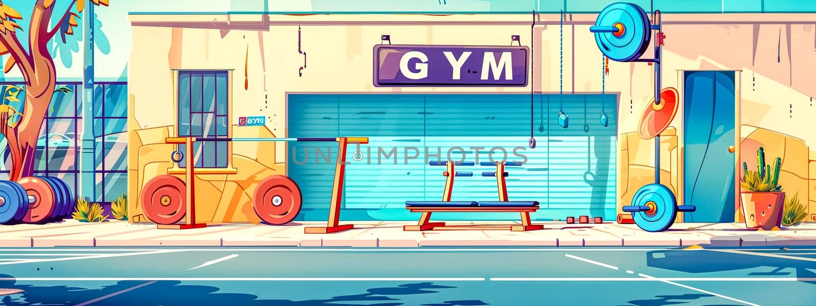 Vibrant digital illustration of a street-facing gym front, complete with weightlifting gear