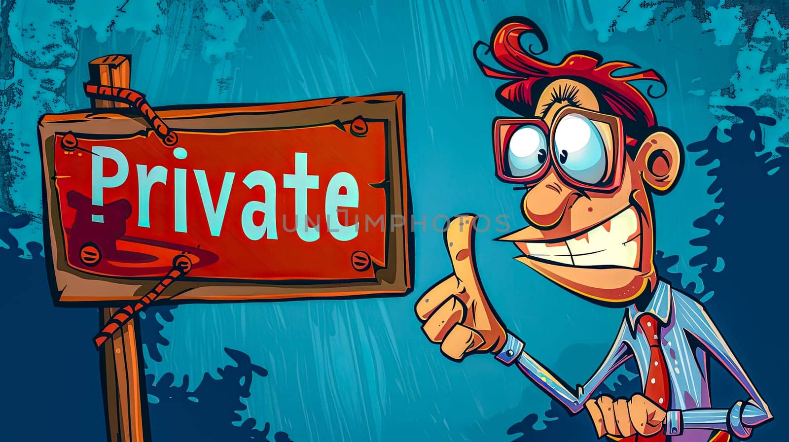 Colorful illustration of a cheerful cartoon man pointing at a private sign with his finger