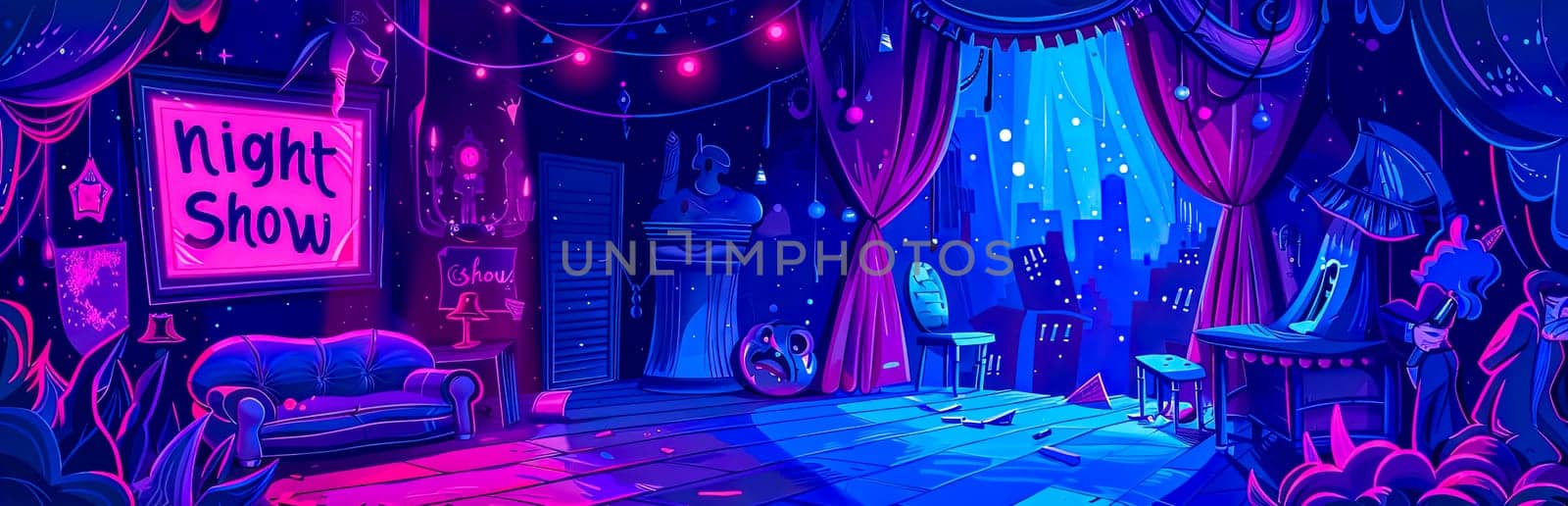 Neon-lit, colorful illustration of a night show stage with empty host chair and lively ambiance