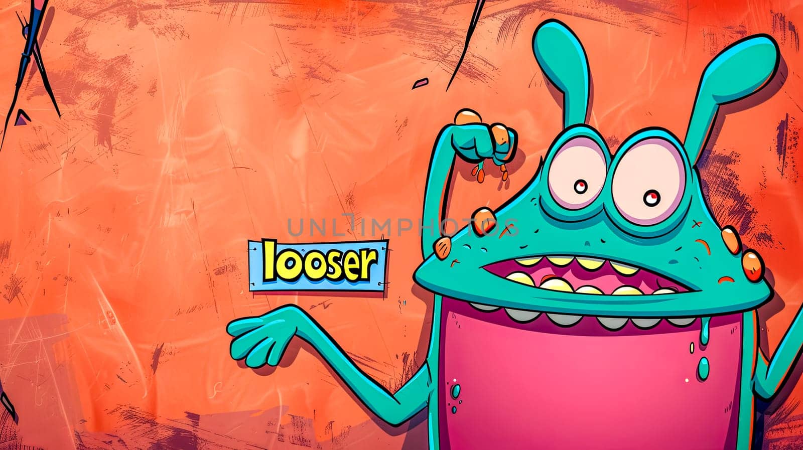 Colorful cartoon monster with quirky expression holding a sign that reads looser on a vibrant background