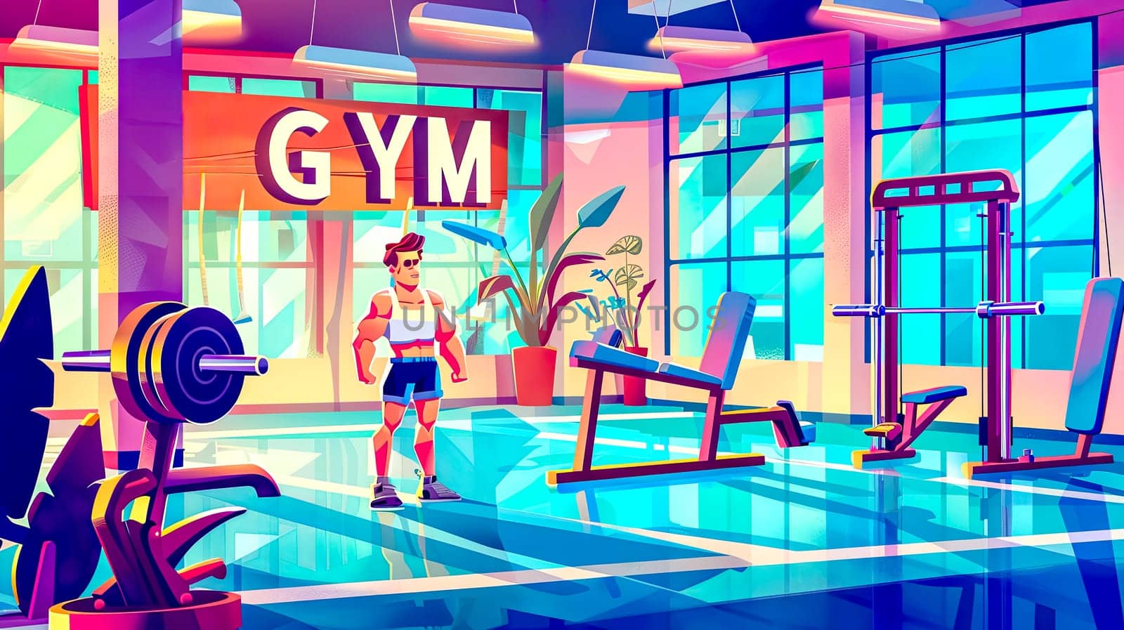Fit man stands confidently in a vibrant, modern gym, preparing for a workout