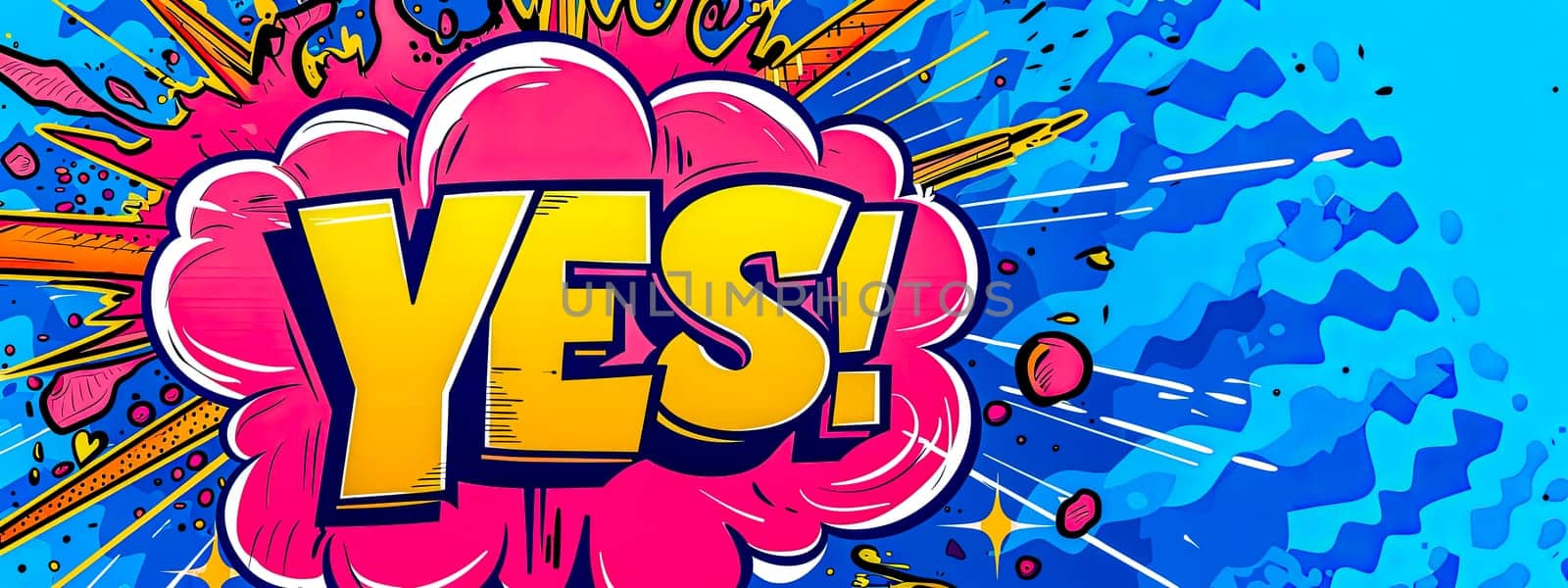 Dynamic pop art explosion featuring the word yes! in a bright, comic book style