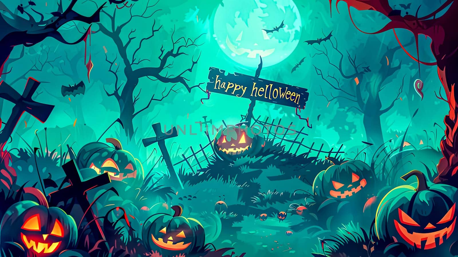 An enchanted halloween night scene with spooky forest. Jack o' lanterns. Full moon. And happy signs. Illustration of a vibrant and colorful cartoon haunted fantasy with eerie and creepy pumpkins