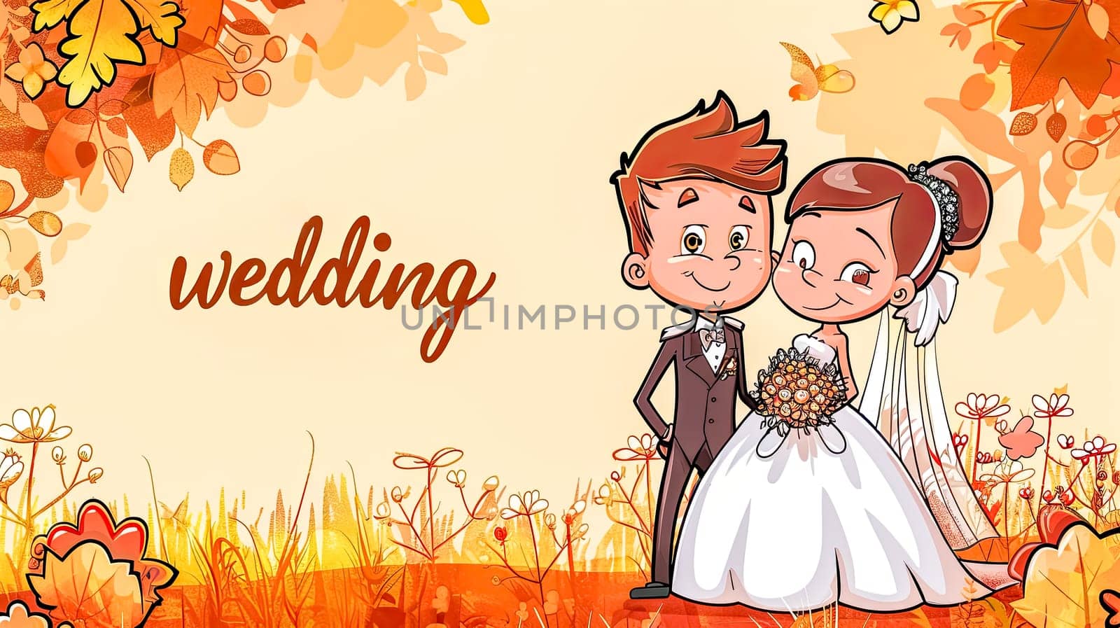 Romantic autumn wedding invitation background with cute cartoon couple illustration, fall leaves, seasonal flowers, and orange foliage for a celebration of love and marriage