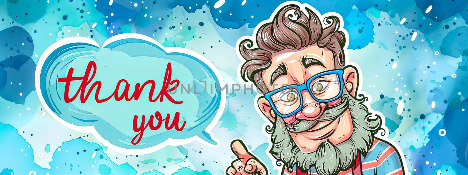 Vibrant illustration of a smiling elderly male cartoon character giving thanks with a speech bubble