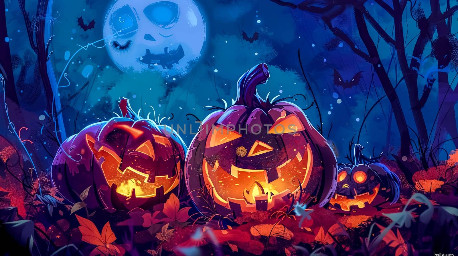 Illustration of glowing jack-o'-lanterns in a mystical halloween night setting