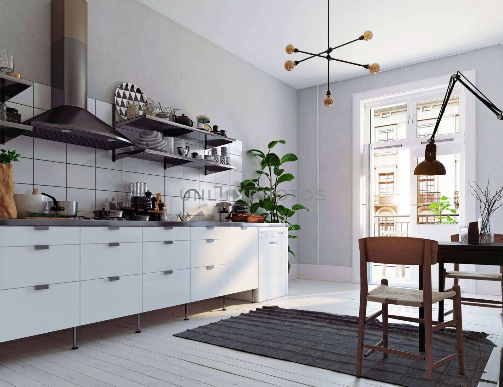 modern scandinavian style kitchen interior. 3d rendering design
