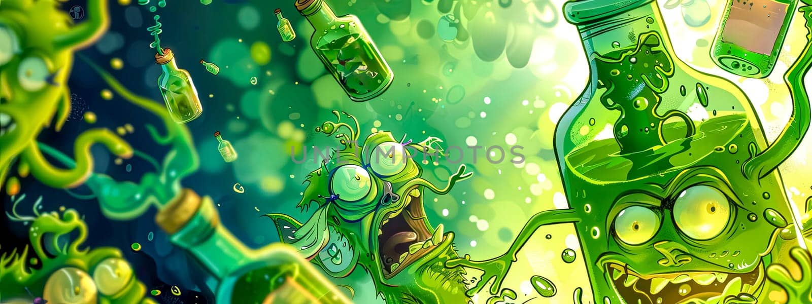 Vibrant illustration of quirky cartoon monsters engaging in a playful science experiment with bubbling potions