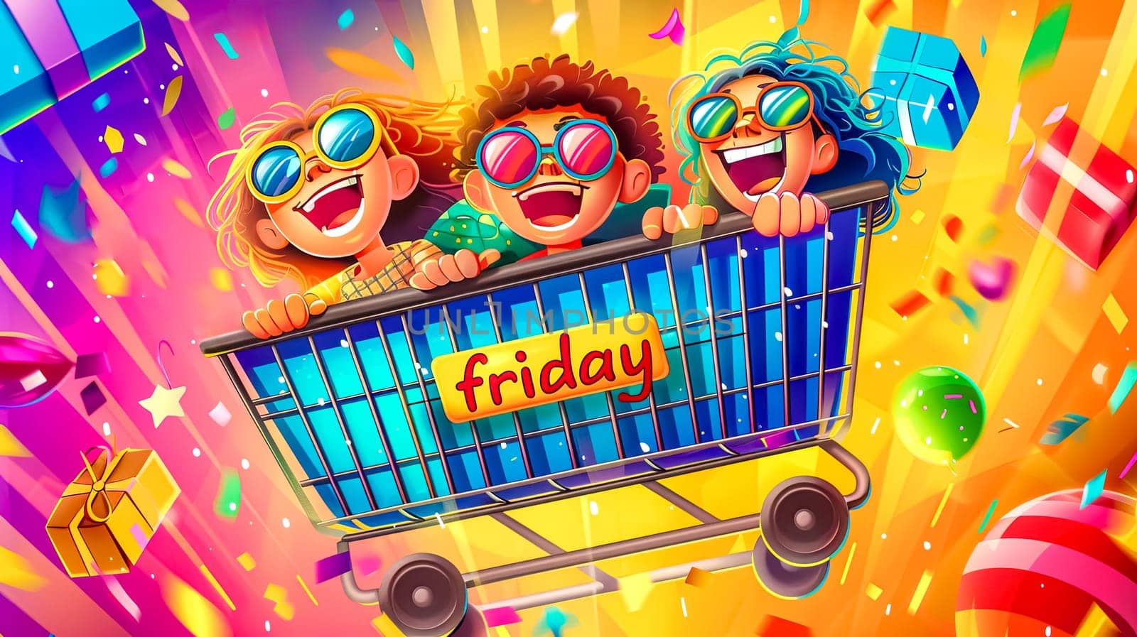 Vibrant and animated children enjoying a joyful shopping cart ride during a weekend celebration with cheerful friends. Surrounded by colorful confetti. Balloons. And gifts