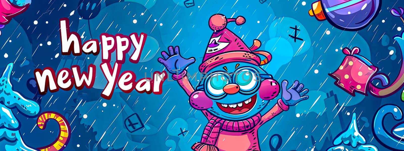 Vibrant cartoon illustration celebrating new year with a character in a party mood, confetti, and festive text