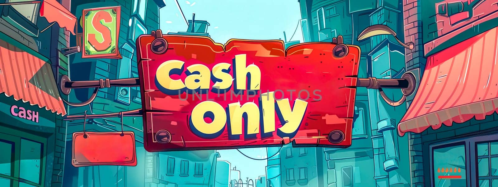 Brightly illustrated sign with 'cash only' text in a vibrant comic-style urban setting