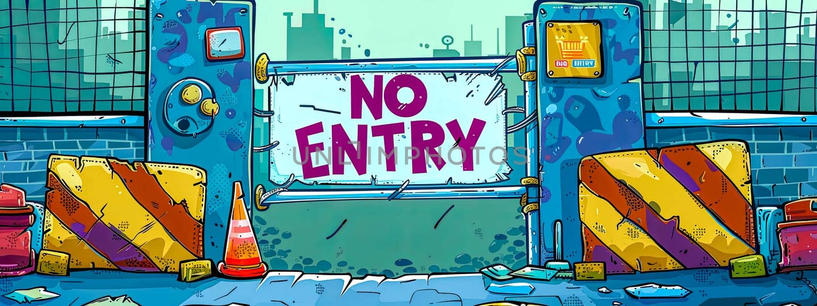 Graffiti-style no entry sign with vibrant cityscape and construction elements