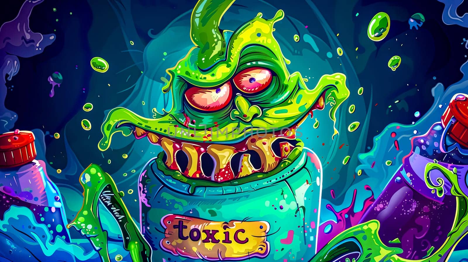 Vibrant illustration of a cartoon slime monster escaping a toxic waste container