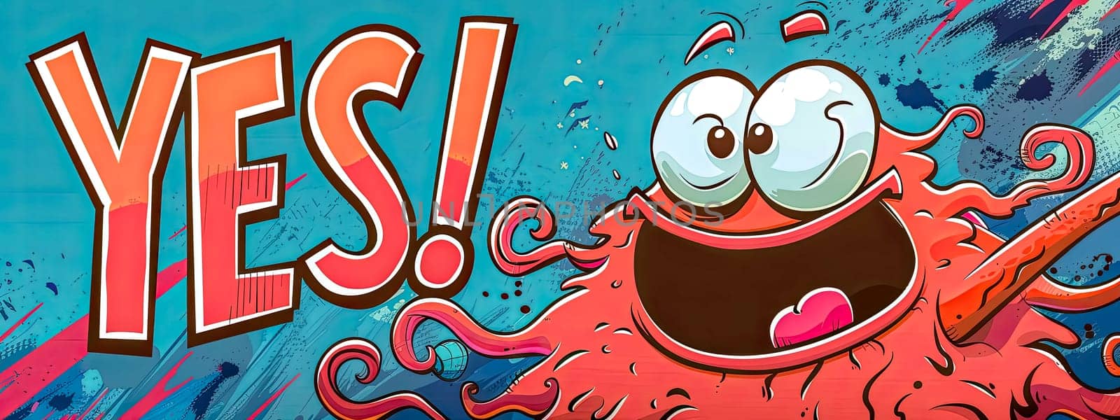 Colorful illustration of a cheerful cartoon character surrounded by dynamic expression