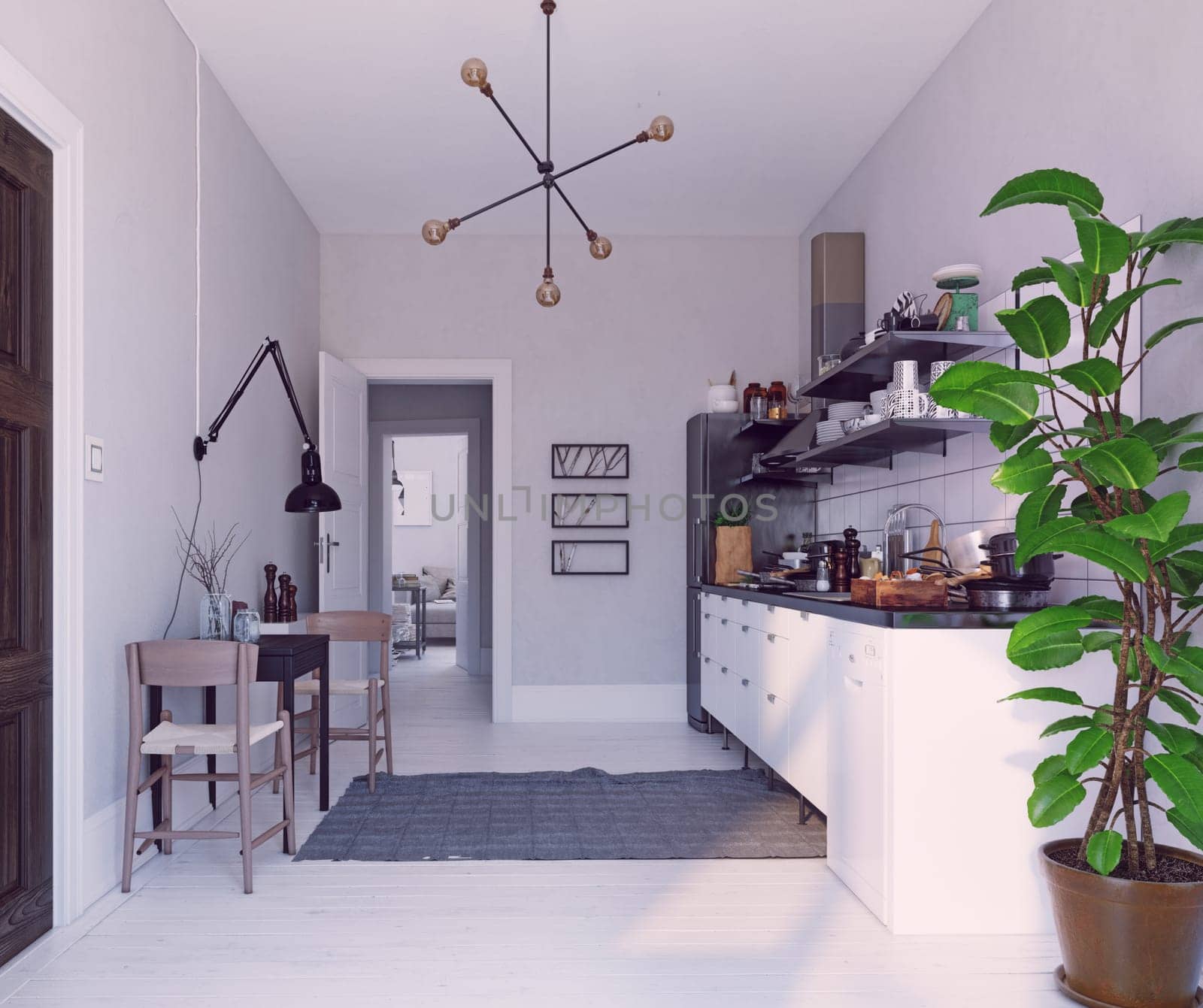 modern scandinavian style kitchen interior. 3d rendering design