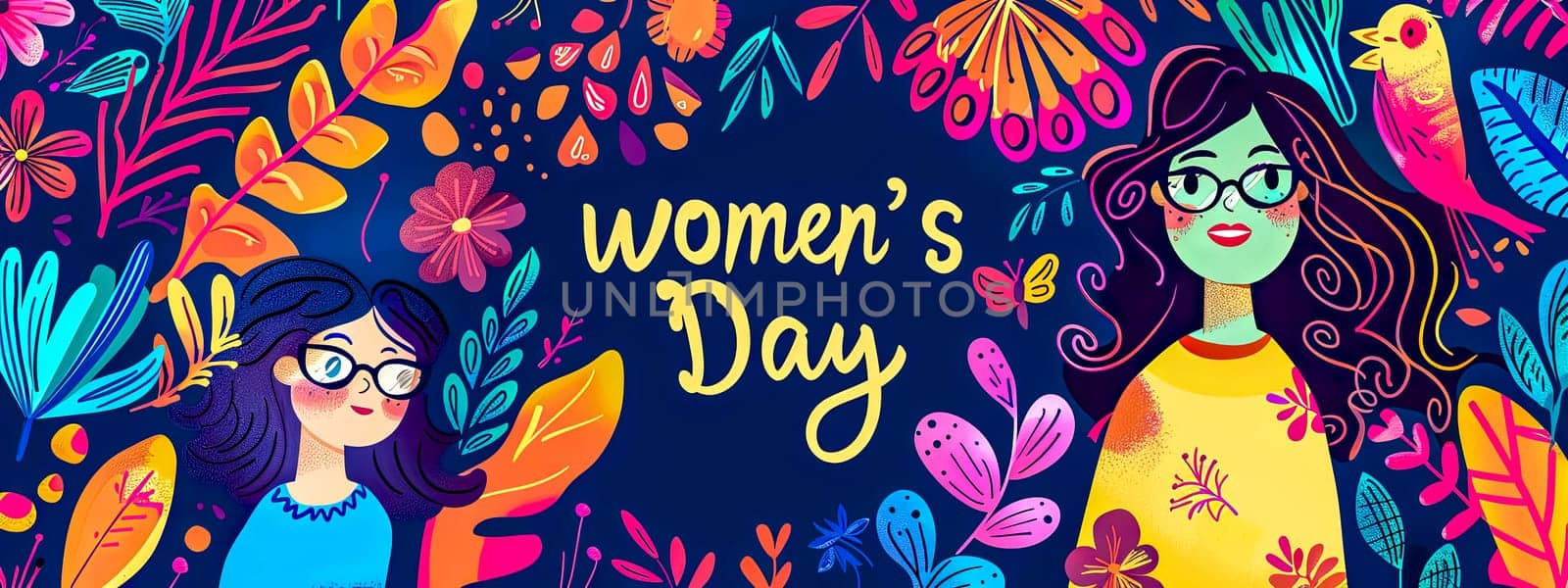 Colorful artwork celebrating women's day with illustrated women, floral motifs, and a bird
