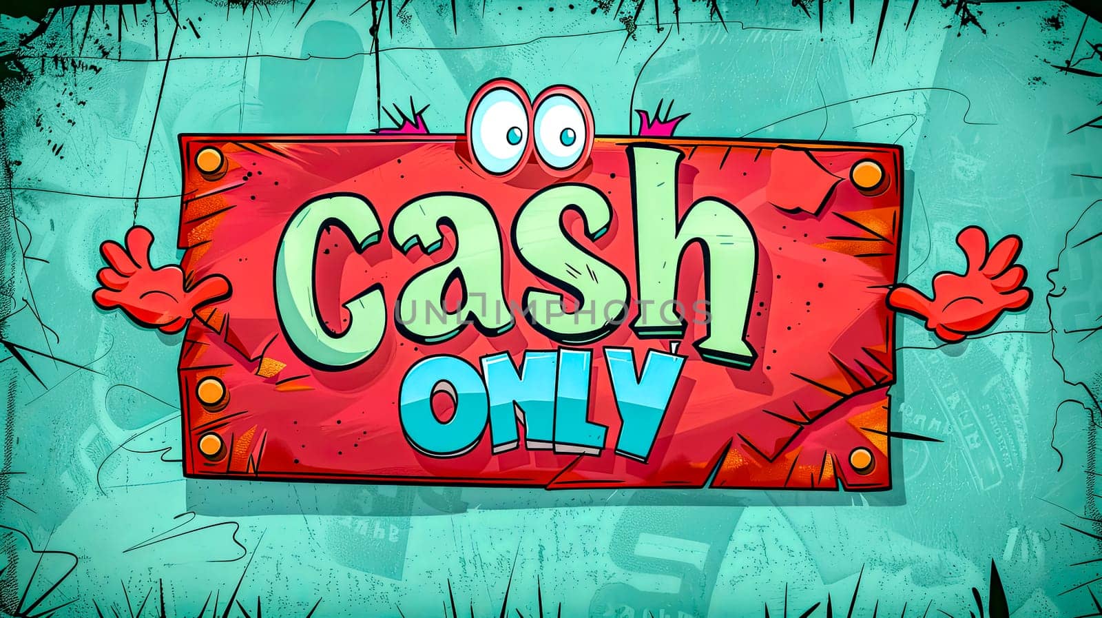 A vibrant 'cash only' sign with playful cartoon features on a textured background