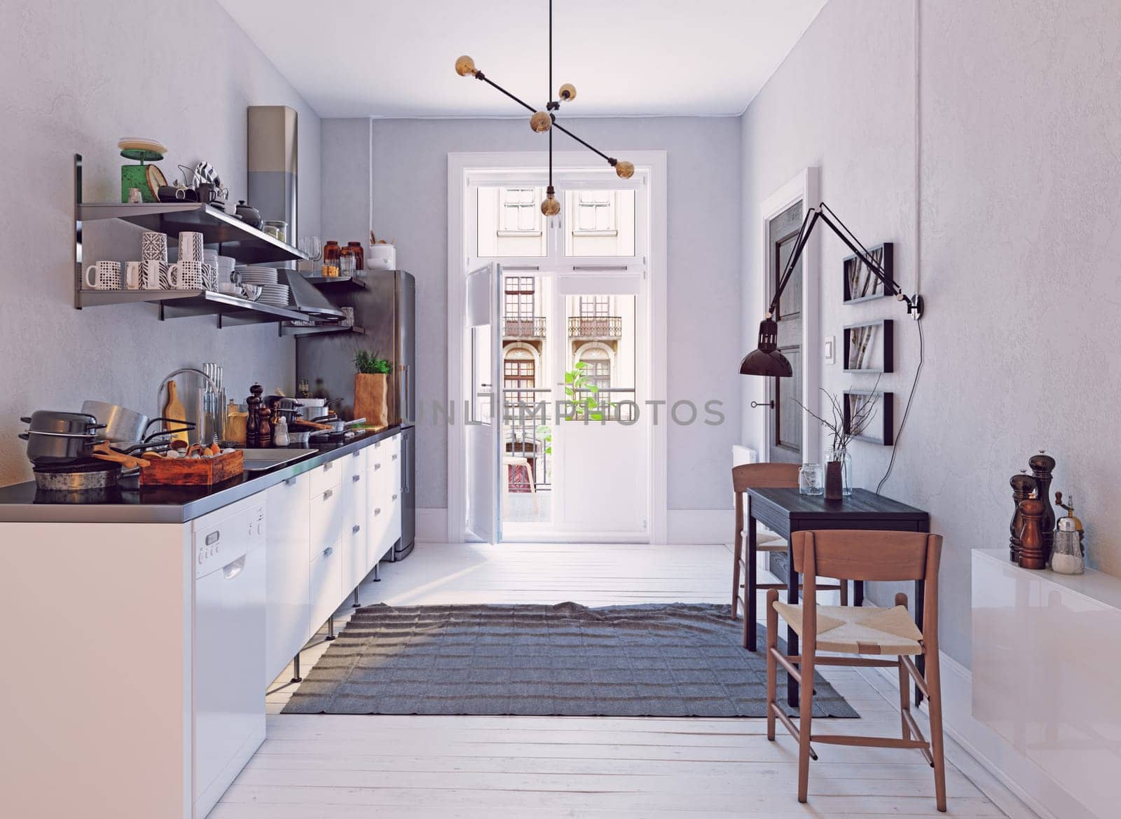 modern scandinavian style kitchen interior. 3d rendering design