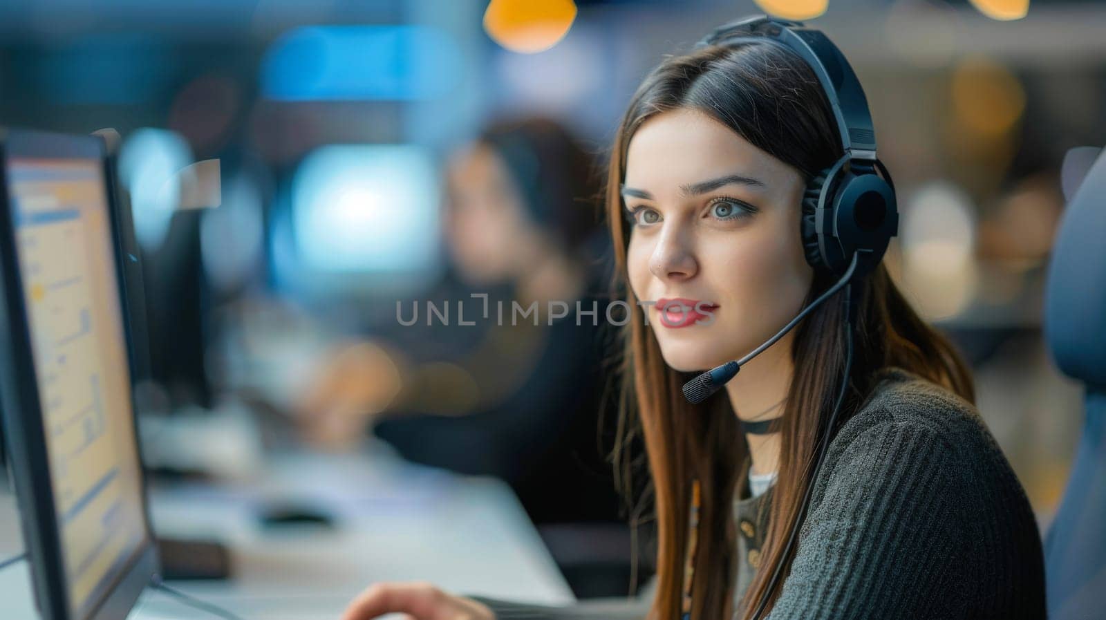 A portrait of a young woman working as a call center operator, female customer service by nijieimu