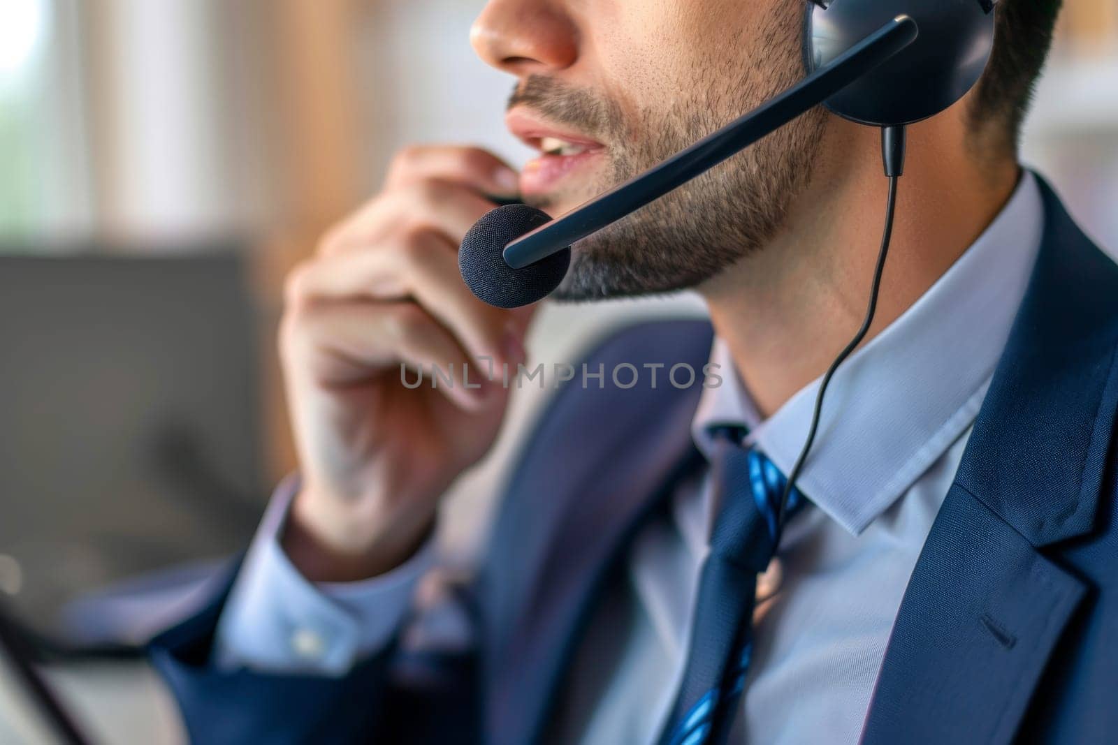 consultant with headphones for customer service and support helping customer, call center.