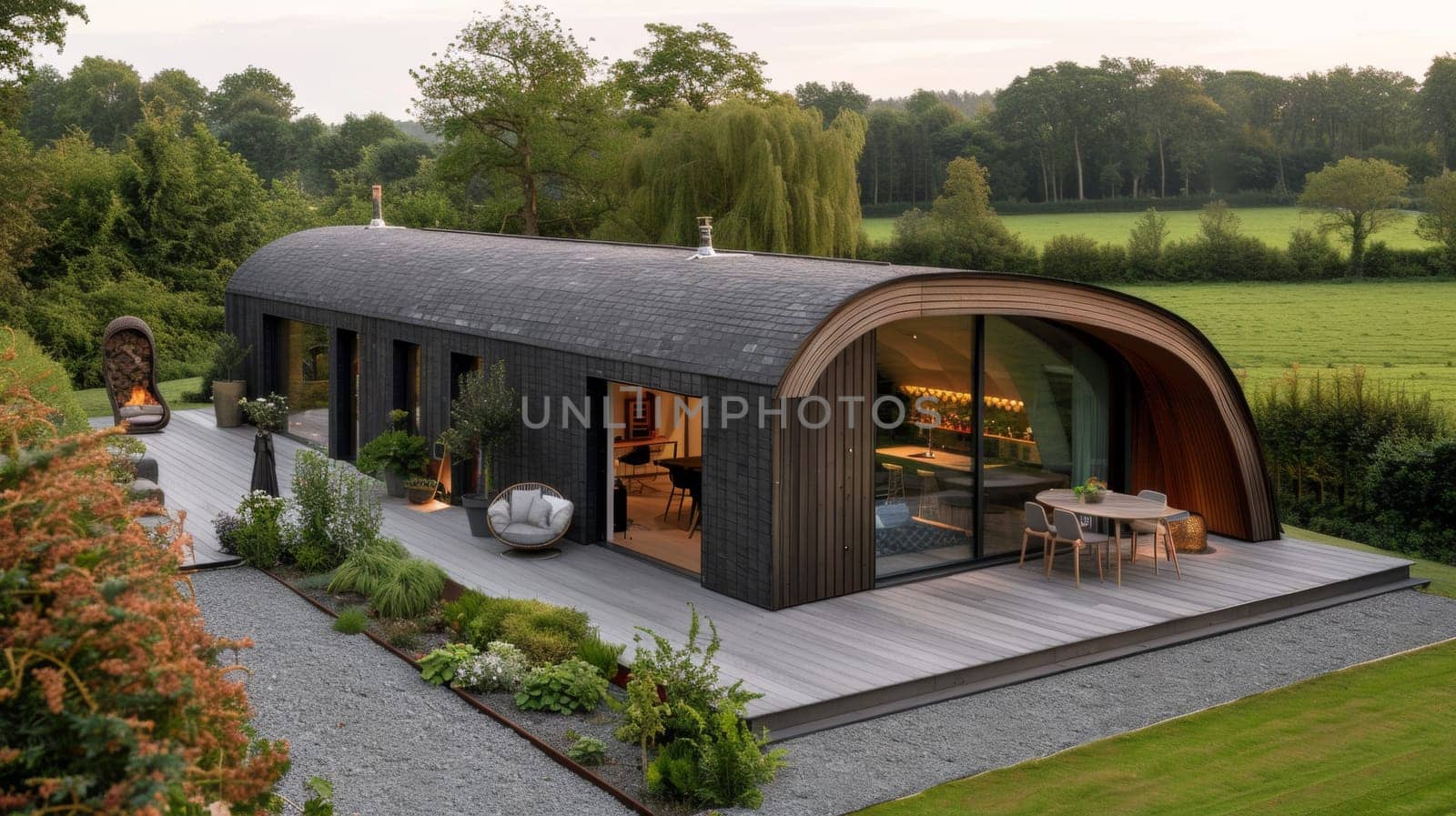 A modern house with a patio and deck in the middle of an open field