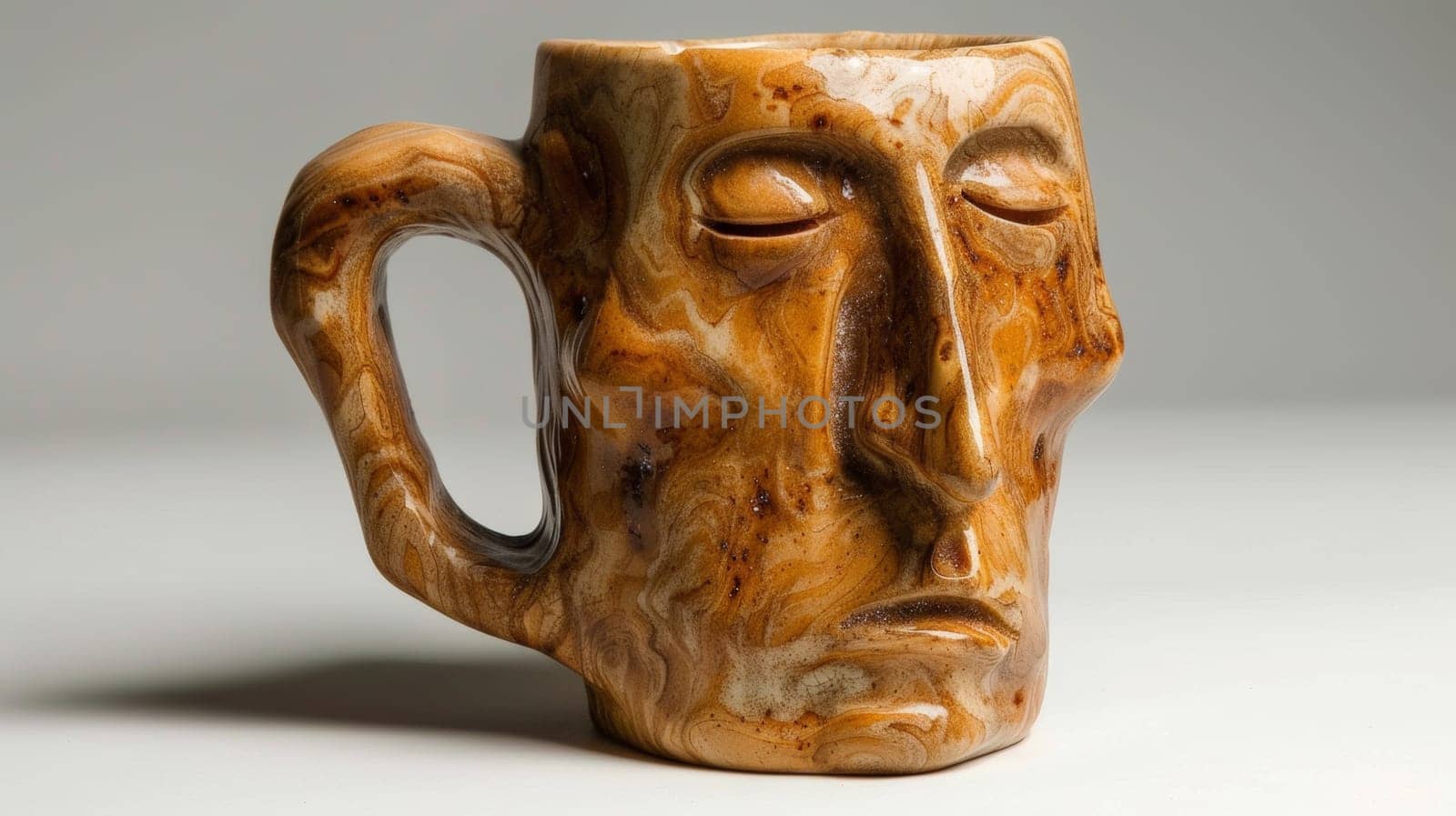 A carved wooden mug with a face on it sitting in front of white background, AI by starush