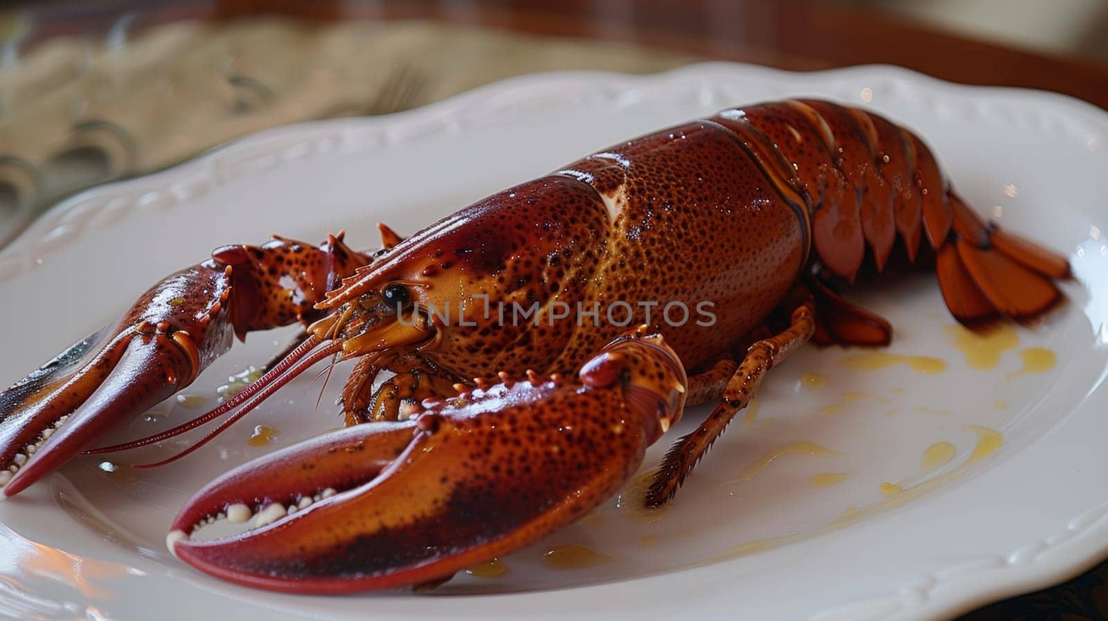 A large lobster sitting on a white plate with some sauce