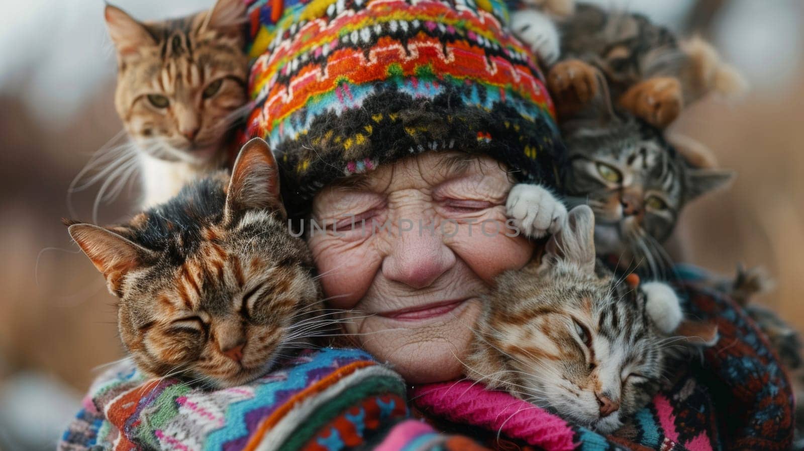A woman with a blanket over her head and cats on top of it, AI by starush