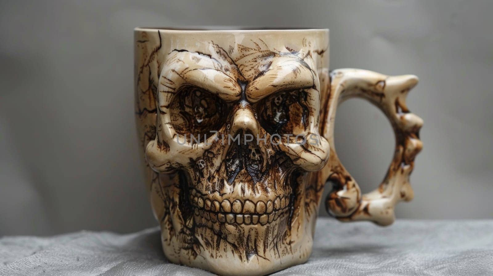 A coffee mug with a skull design on the side