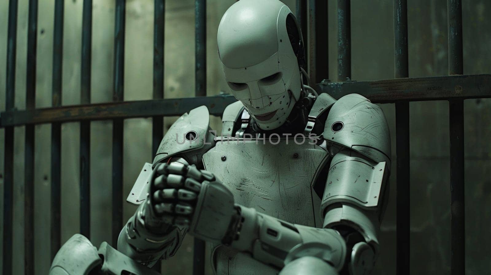 A robot sitting in a jail cell with his hands folded, AI by starush