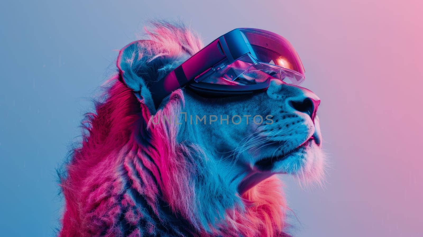 A lion wearing a pair of virtual reality glasses with colorful background, AI by starush