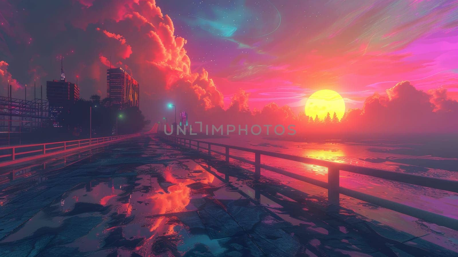 A sunset over a city with water and buildings in the background, AI by starush