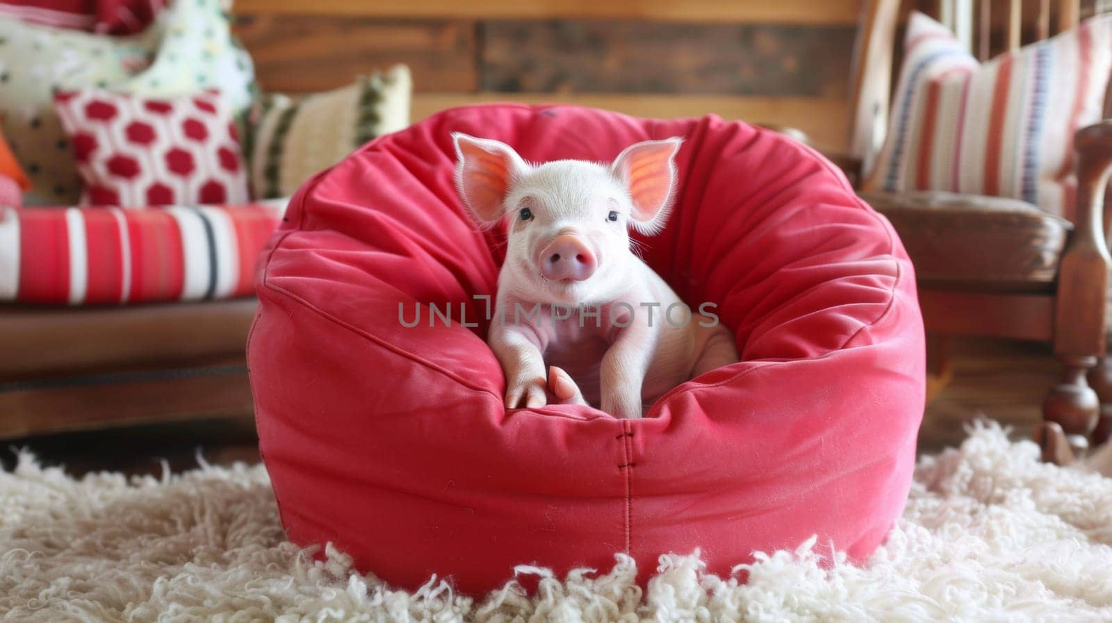 A small pig sitting in a bean bag on top of the rug, AI by starush