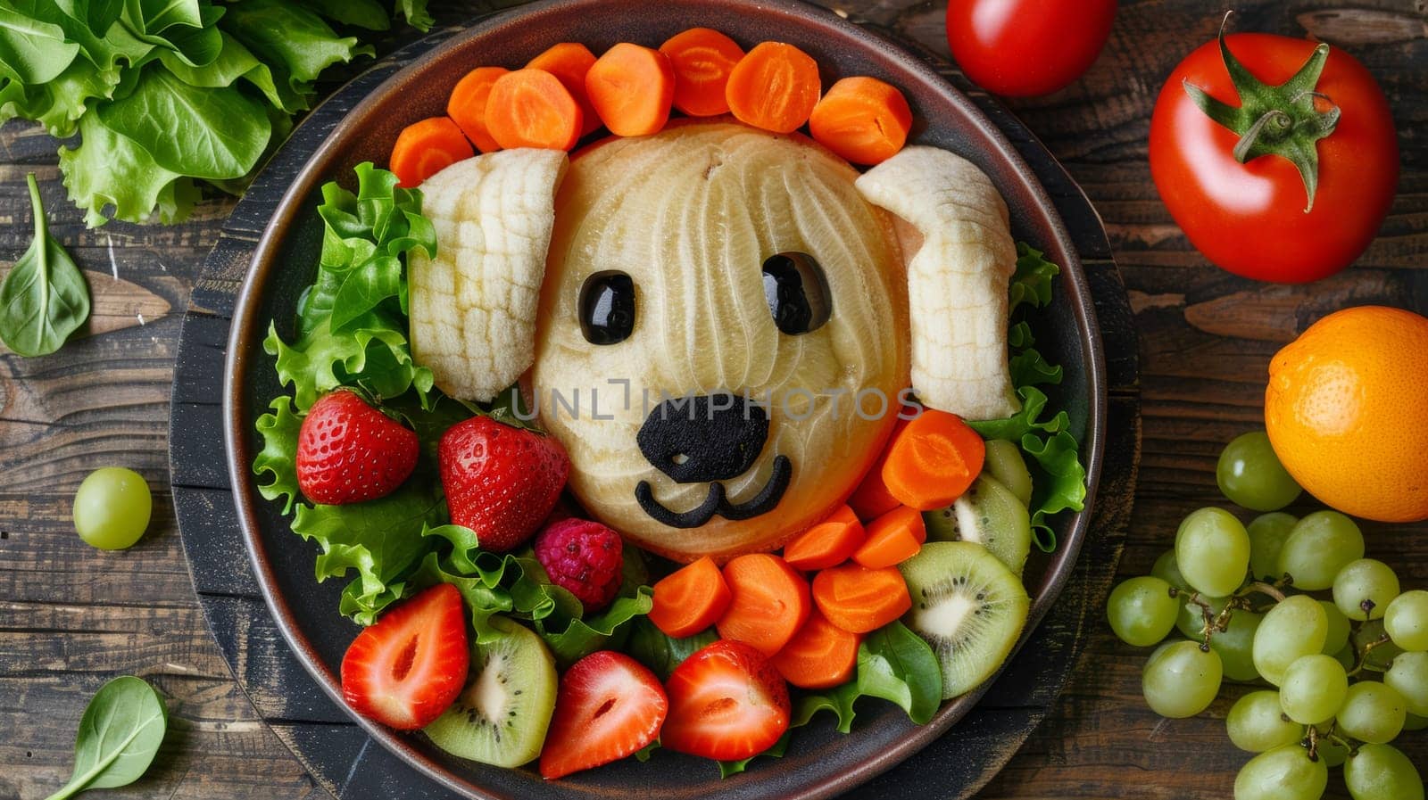 A plate of a dog made out of fruit and vegetables