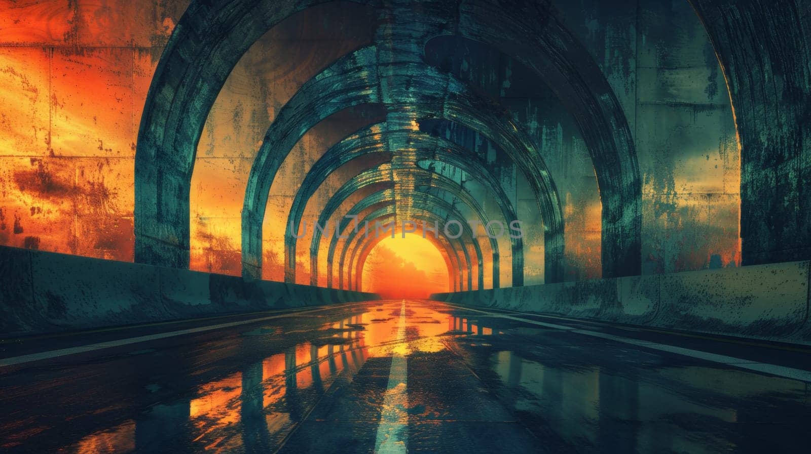 A tunnel with a sunset in the background and some water