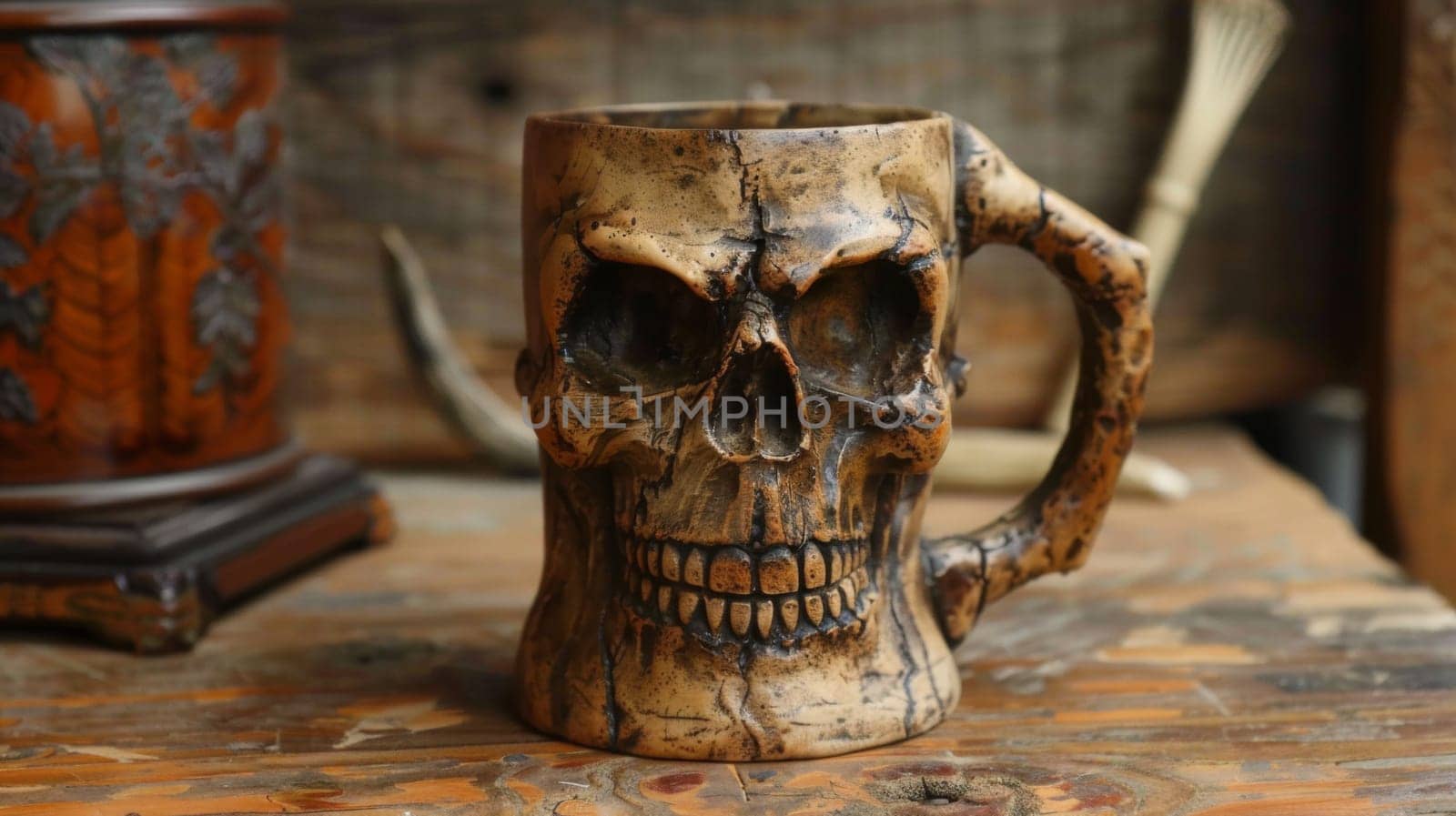 A skull shaped coffee mug sitting on a wooden table