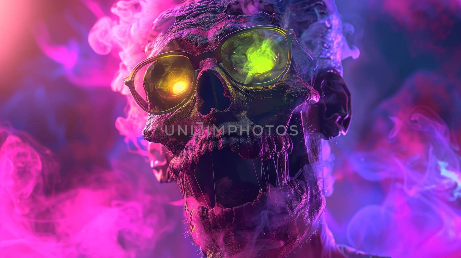 A skull with glowing eyes and a purple background