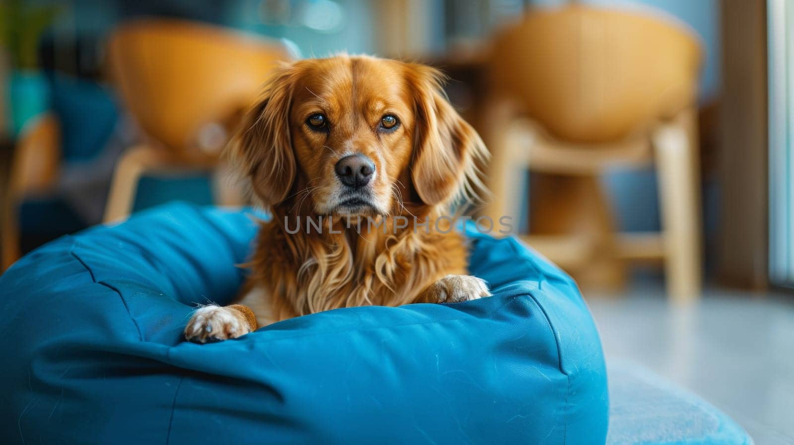 A dog sitting in a blue bean bag on the floor