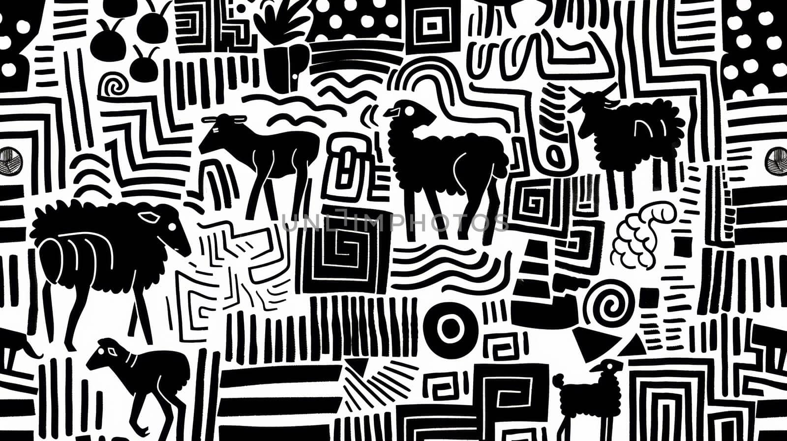 A black and white drawing of sheep, goats and other animals, AI by starush