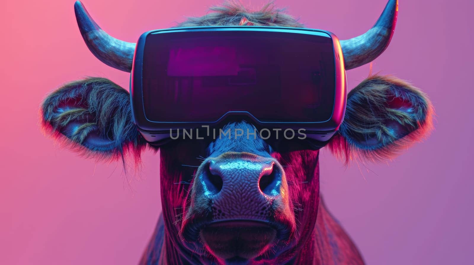 A cow wearing a pair of virtual reality goggles on its head, AI by starush