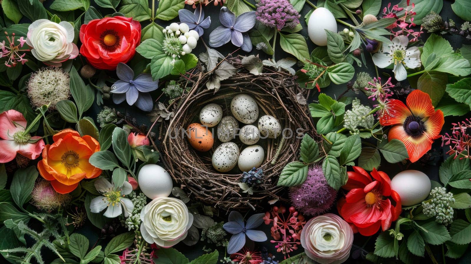 A nest with eggs and flowers on a table, AI by starush