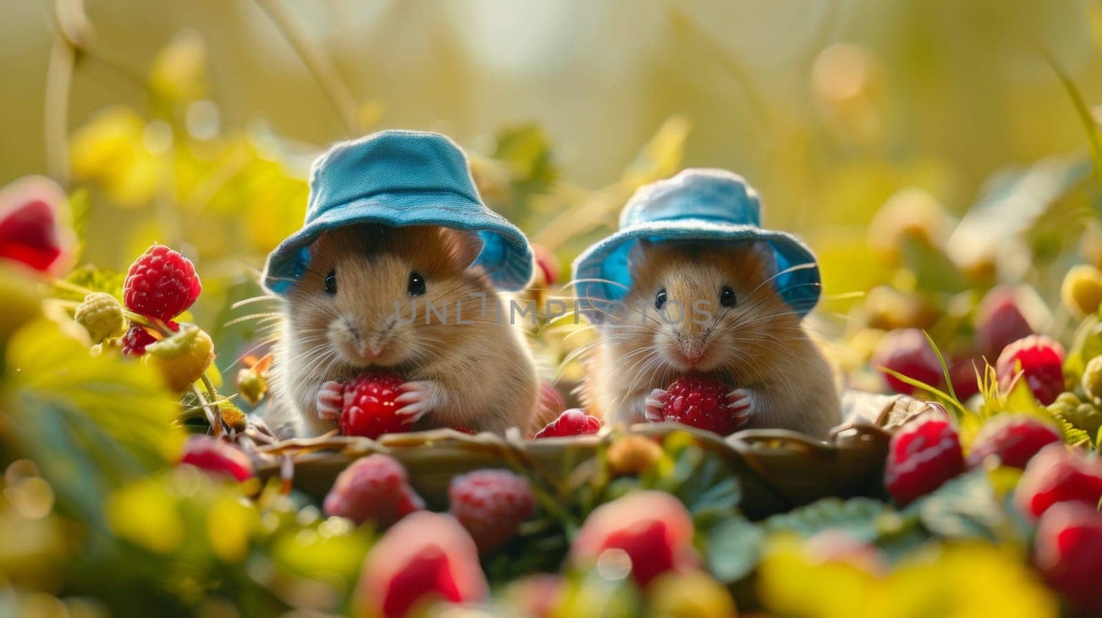 Two small rodents wearing hats are eating berries in a field, AI by starush
