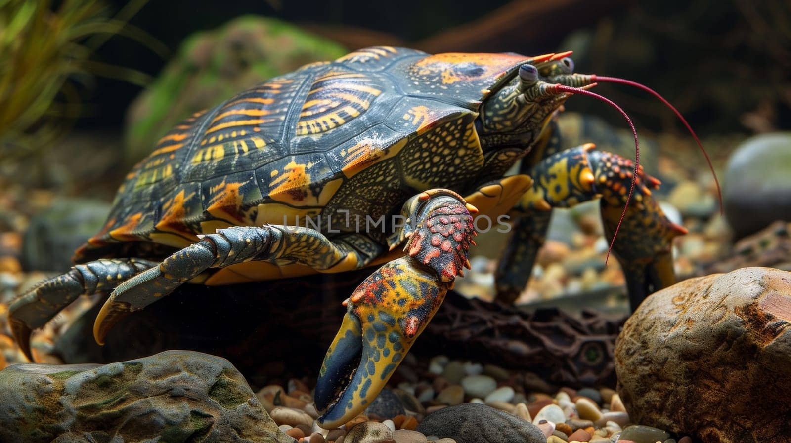 A turtle and lobster chimera with a long neck and red eyes on rocks, AI by starush