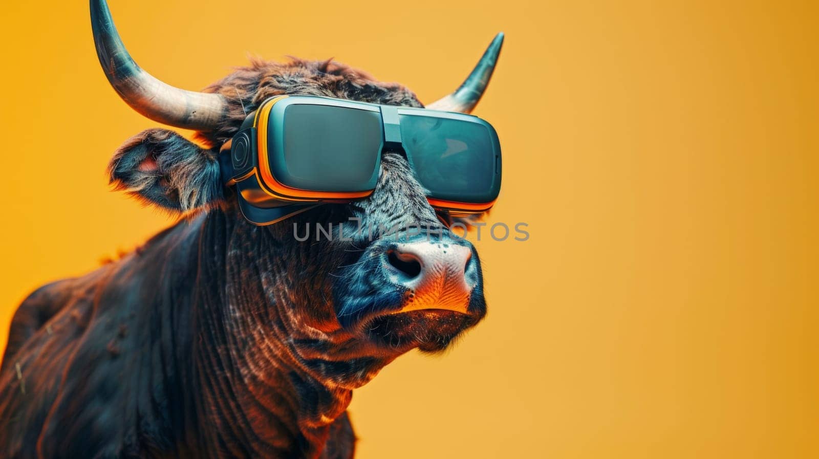 A bull wearing a pair of 3d glasses with an orange background, AI by starush