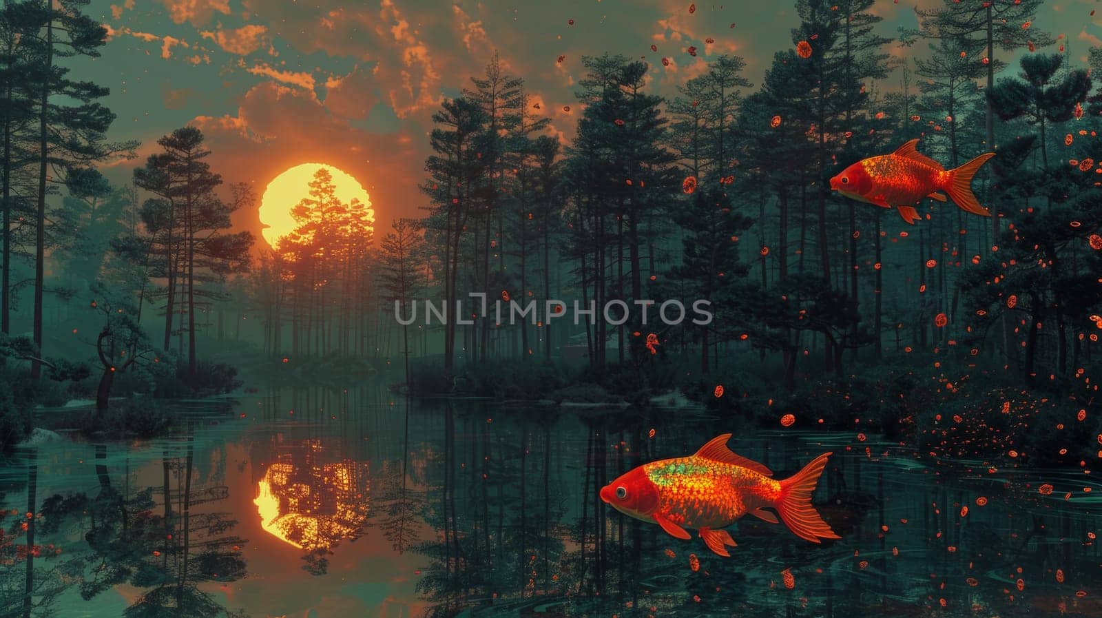 Two gold fish swimming in a pond at sunset with trees and water