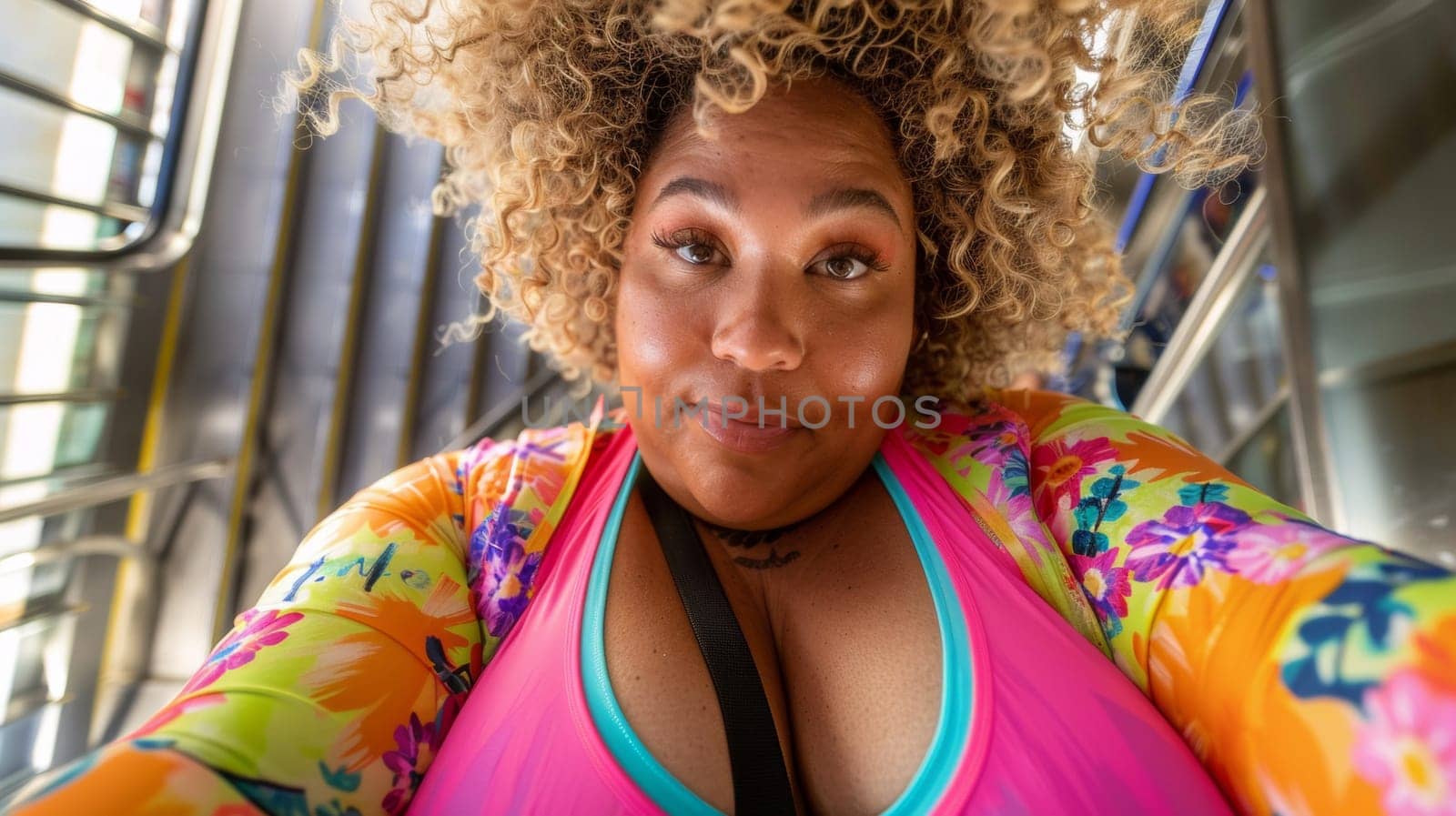 A woman with a big afro taking a selfie in the mirror